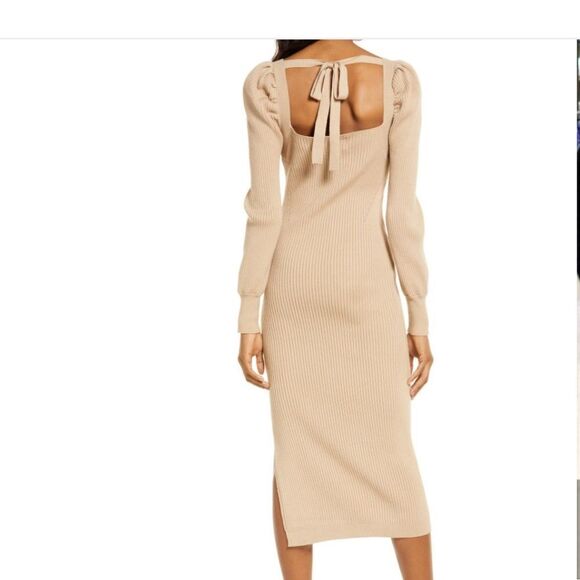 Charles Henry Puff Shoulder Long Sleeve Knit MIDI Dress in Tan Sz XL - Picture 2 of 12